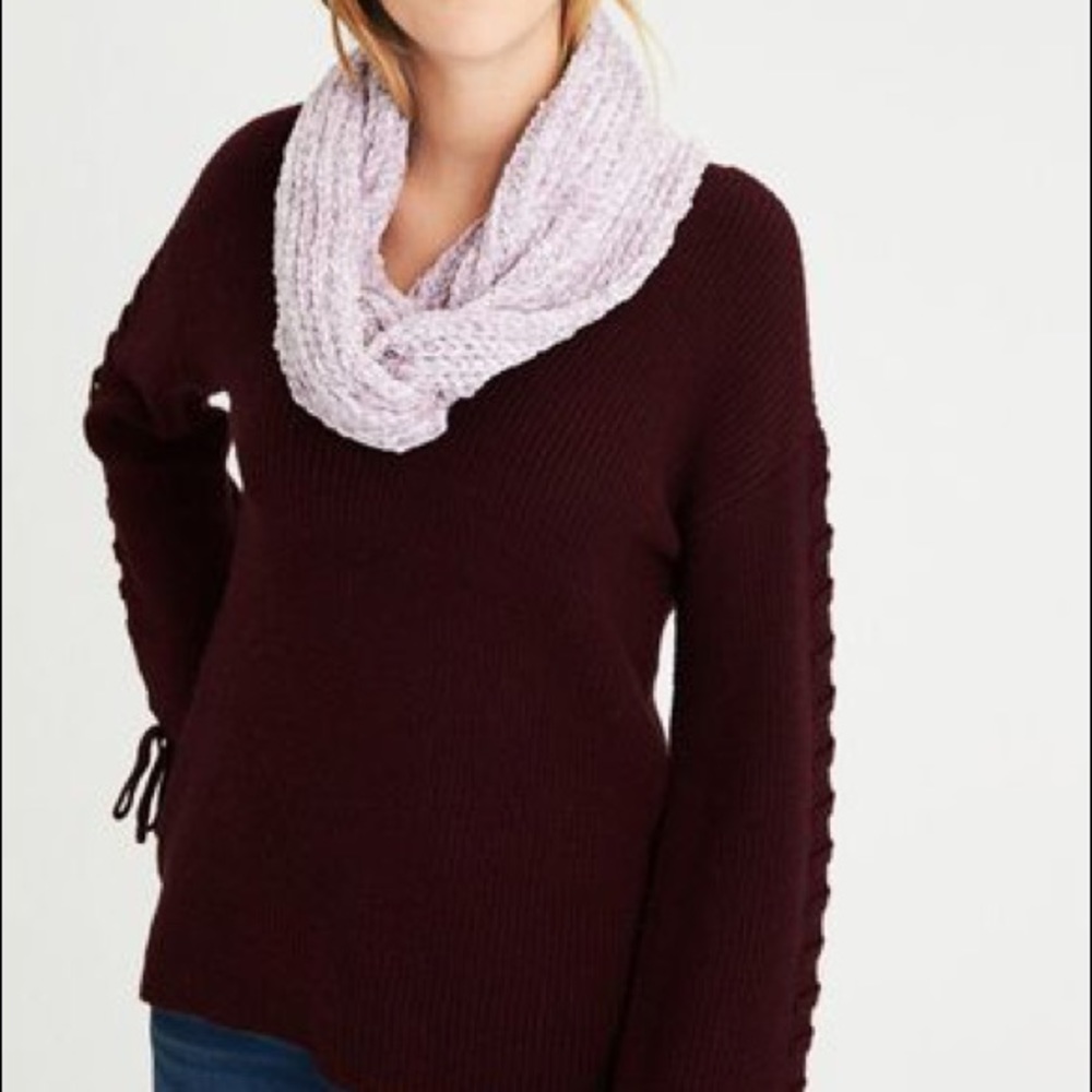 AE Burgundy Laced Tie-Sleeve V-Neck Sweater